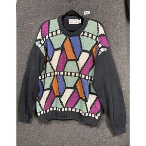 VTG Concrete Mix Sweater Mens Sz L Geometric Multicolor Ramie Blend Long Sleeve